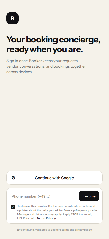 Booker sign-in screen with the SMS consent box ticked by the user