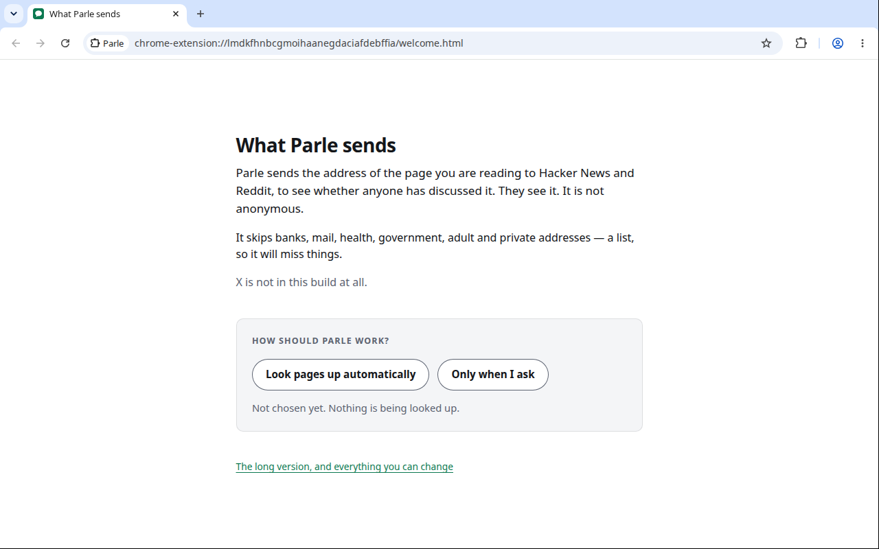 Parle's first-run screen, headed What Parle sends, with two buttons: Look pages up automatically, and Only when I ask