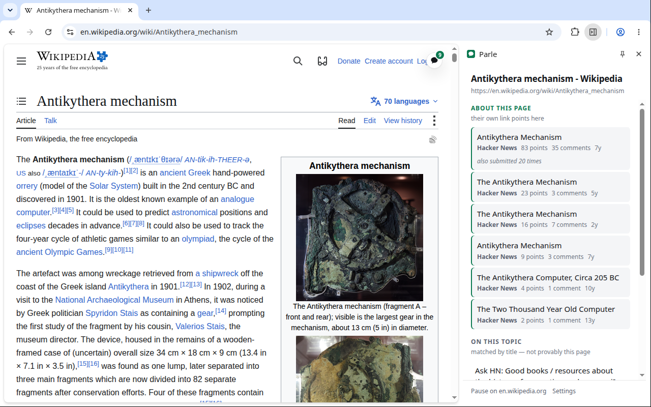 A Wikipedia article on the Antikythera mechanism with the Parle panel open beside it, showing live Hacker News discussions and top-level comments
